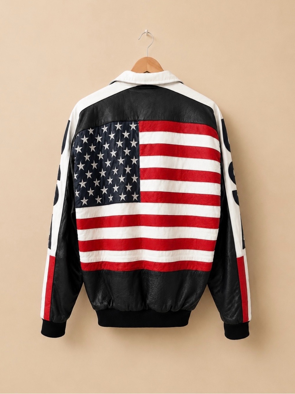 🇺🇸 Vintage Michael Hoban “Where Mi” USA Flag Leather Jacket Rare Americana